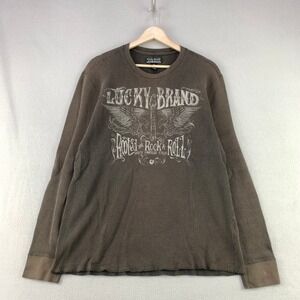 Y2K Lucky Brand Rooted in Rock & Roll Thermal Shirt Mens L Brown Waffle Knit